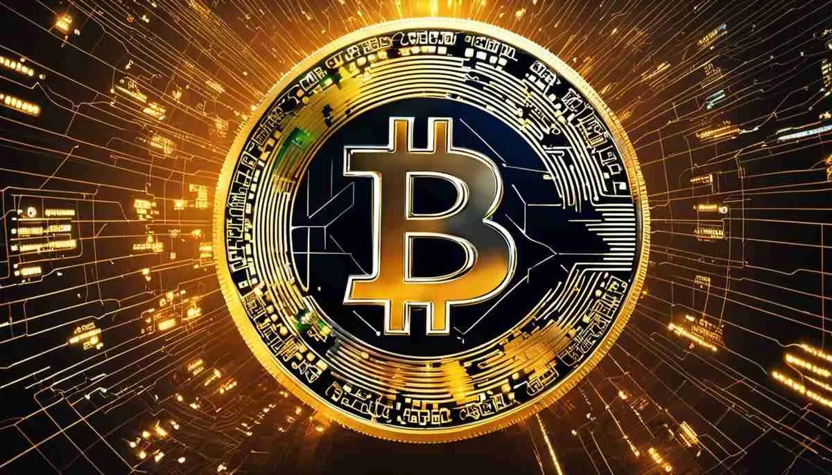 该图像显示了加密货币的数字表示形式，周围盘旋着各种算法和数学符号，代表了加密货币交易中预测模型和算法的力量。